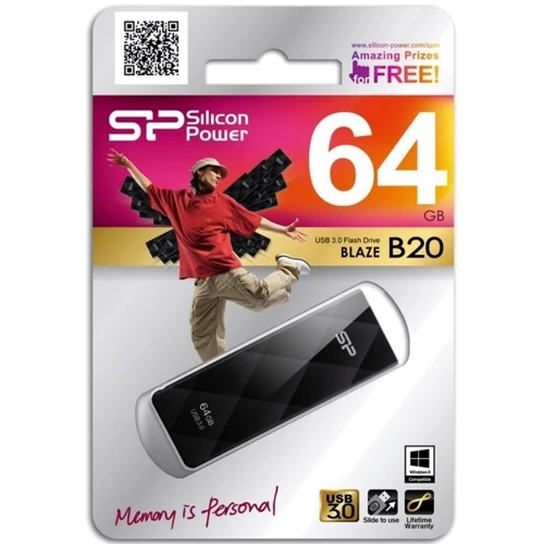 USB-флешка Silicon Power 64GB Blaze B20 USB 3.0 Black (SP064GBUF3B20V1K): Объем памяти 64 GB