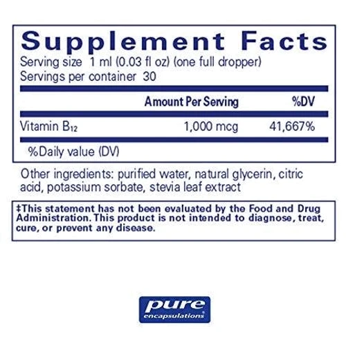Pure Encapsulations B12 liquid 1000 mcg 30 ml Витамин B12 (жидкость), метилкобаламин: Тип Витамин B