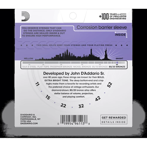 Струна для гітар Струни D'ADDARIO EJ13 80/20 BRONZE CUSTOM LIGHT (11-52): Призначення Для акустичної гітари