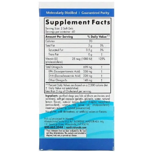 Nordic Naturals Omega-3D 1000 mg Рыбий жир омега-Д3 со вкусом лимона 120 капсул: Тип Омега 3