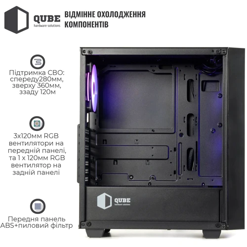 Корпус QUBE GERYON Black 4Fan (QBGERYON_FFBNU3): Типорозмір Midi-Tower
