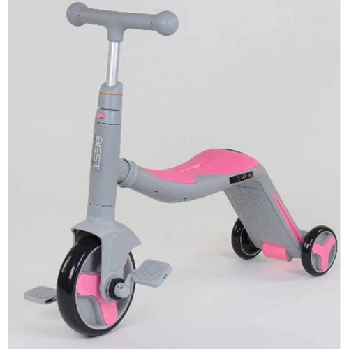 Самокат детский 3в1 самокат+велобег+велосипед Best Scooter с PU колёсами + свет и 8 мелодий Grey/Pink (90793)