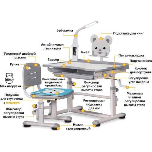 Комплект Evo-kids (стул+стол+полка+лампа) BD-04 G (XL) Teddy c лампой