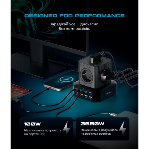 Зарядний пристрій ArmorStandart Wall Charger Resolute Power ARP-544 100W GaN 2m Black (ARM73177): Кабель в комплекті вбудований