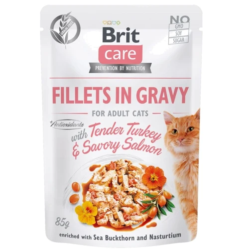 Влажный корм для котов Brit Care Cat pouch филе в соусе нежная индейка и пикантный лосось 85 г (8595602541195)