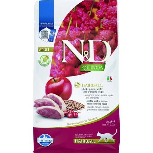 Сухой беззерновой корм Farmina N&D Quinoa Hairball Adult для стимулирования изгнания волосяных комочков c уткой, киноа, яблоком и клюквой 300 г (177894)