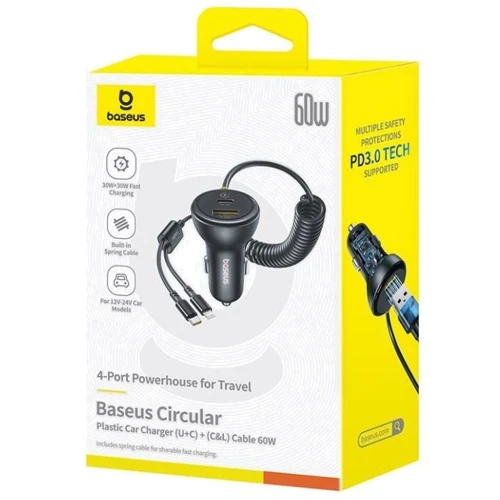 Зарядное устройство Baseus Car Charger USB+USB-C Circular 60W with USB-C+Lightning Cable Black (C00035902121-01) фото 6