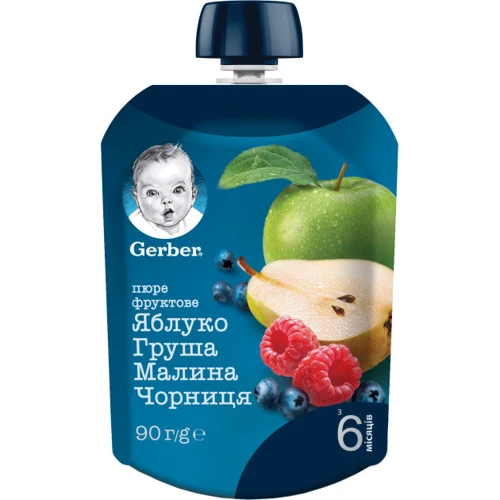 Пюре фруктове Яблуко, груша, малина, чорниця для дітей з 6 місяців (7613036345484)