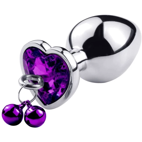 Анальная пробка с кристаллом, колокольчиком и поводком Silver Heart Purple (размер M)
