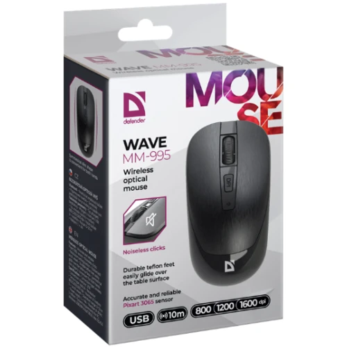 Мишка Defender Wave MM-995 Silent Wireless Black (52995): Радіус дії 10 м