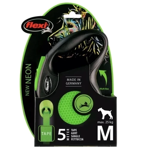Поводок-рулетка для собак Flexi New Neon M лента 5 м до 25 кг зеленый (31902): Длина 5 м