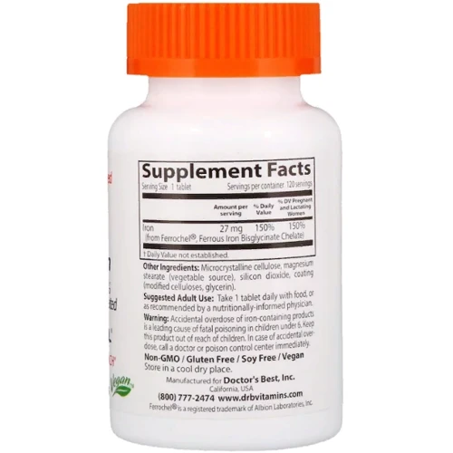 Doctor's Best, High Absorption Iron with Ferrochel, 27 mg, 120 Tablets (DRB-00459): Тип Залізо