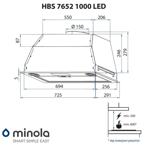 Вытяжка Minola HBS 7652 WH 1000 LED: Тип монтажа Встраиваемый