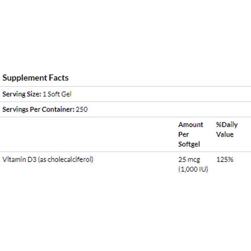 Carlson Labs Vitamin D3, 25 mcg (1.000 IU), 250 Soft Gels (CAR-01452): Форма випуску капсули