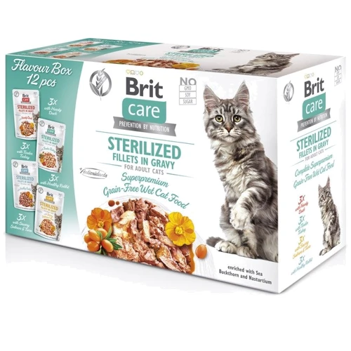 Влажный корм Brit Care Sterilized Fillets in Gravy Flavour box для стерилизованных котов филе в соусе набор вкусов 12 шт x 85 г (8595602565337)