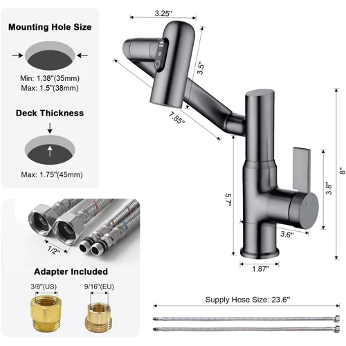 Смеситель для раковины Lefton Single-Hole Rotatable Faucet with Temperature Display-BF2204 Grey