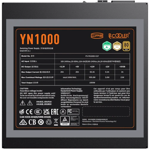 Блок питания PcCooler 1000 W 80+ GOLD YN1000 (P5-YN1000-G1FFBK1-EU): Вентилятор задней стенки нет