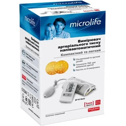 Тонометр Microlife BP N1 Basic напівавтоматичний: Розмір приладу, мм 115 х 59 х 30