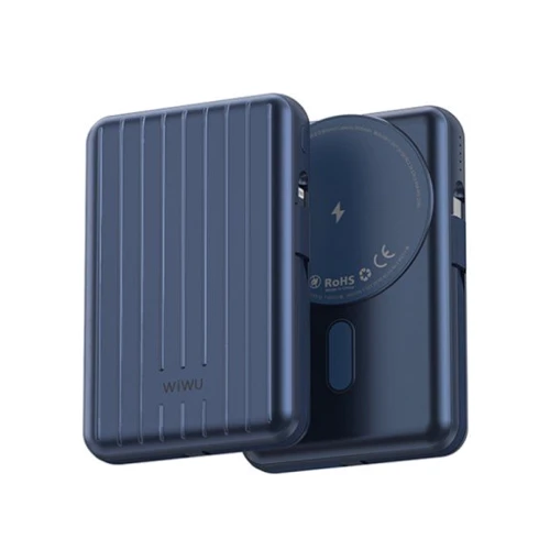 Внешний аккумулятор WIWU Power Bank 5000mAh 22.5W Trunk Magnetic Wireless Blue (PP02): Особенности Встроенный кабель, Поддержка MagSafe, быстрая зарядка, беспроводная зарядка