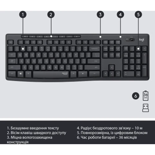 Комплект беспроводной Logitech MK295 Silent Wireless Combo (920-009807, 920-009800): Количество клавиш 106