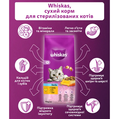 Сухой корм для стерилизованных кошек Whiskas с курицей 14кг (5900951259418): Возраст Взрослые
