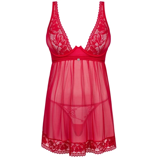 Прозрачная сорочка бэби-долл Obsessive Lacelove babydoll & thong M/L Red