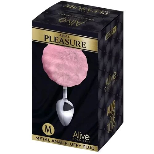 Металлическая анальная пробка Кроличий хвостик Alive Fluffly Plug M Pink