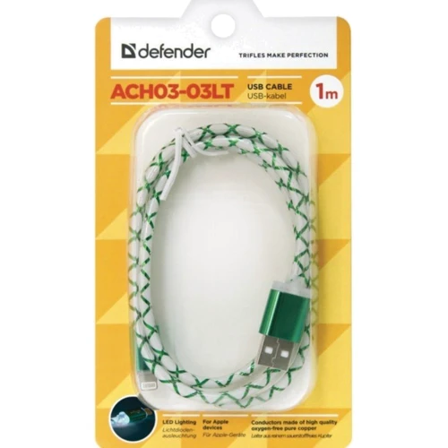 Кабель Defender LED backlight USB Cable to Lightning 2.1A 1m Green (87553): Длина 1 м