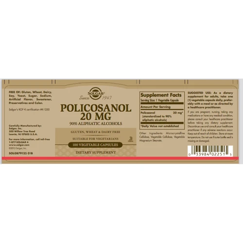 Solgar Policosanol 20 mg 100 Vegetable Capsules
