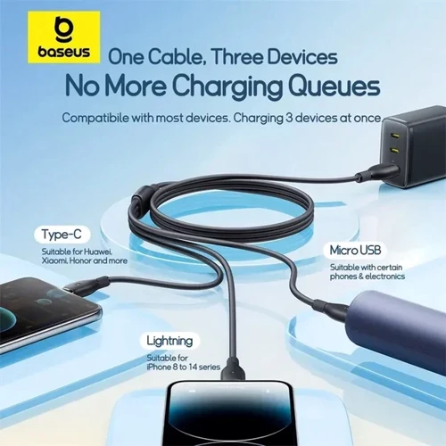 Кабель Baseus USB Cable to Micro USB/Lightning/Type-C Ultra-Fast 3in1 Fast Charging 3.5A 0.8m Black (P10376303121-01) фото 4