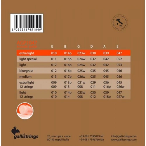 Струна для гитар Струны для акустической гитары Gallistrings AGP1047 EXTRA LIGHT: Назначение Для акустической гитары