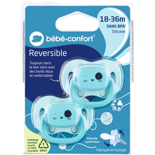 Пустушка Bebe Confort Minimalistic Animals силіконова реверсивна, 2 шт 18/36 міс синя (3104202030): Вік старше 18 месяцев