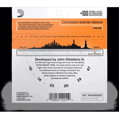 Струна для гитар Струны D'ADDARIO EJ10 80/20 BRONZE EXTRA LIGHT (10-47): Назначение Для классической гитары