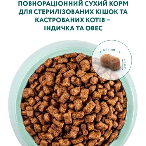 Сухий корм Optimeal Sterilised cats для стерилізованих кішок та кастрованих котів, з індичкою та вівсом (650+650)(1+1) 1,3 кг (4820215360982): Клас Супер премиум