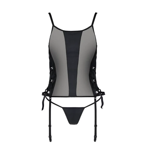 Сетчатый корсет из эко-кожи, с люверсами и съемными пажами Passion Malwia Corset black 6XL/7XL (стринги в комплекте)