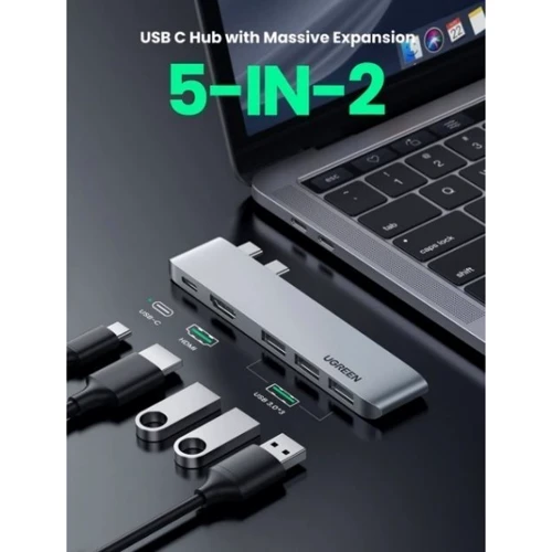 Адаптер Ugreen Adapter CM251 Dual USB-C to 3xUSB3.0+HDMI+USB-C Space Gray (60559): Колір серый