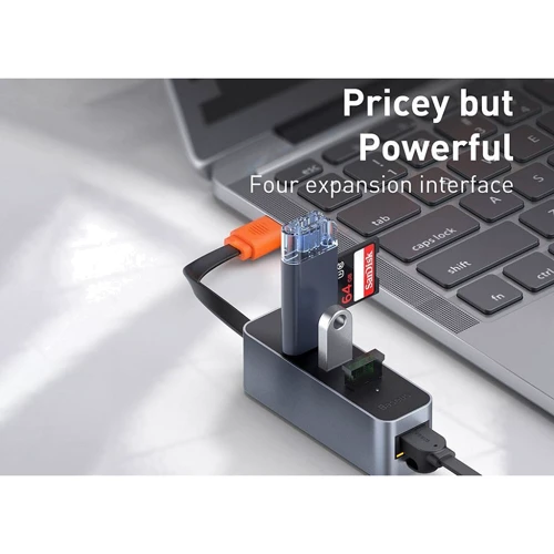 Адаптер Baseus Adapter Steel Cannon USB to 3хUSB3.0 + RJ45 Dark Gray (CAHUB-AH0G): Додаткові роз'єми USB OTG, Ethernet