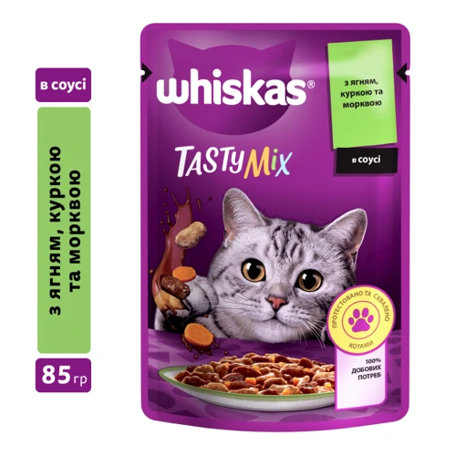Упаковка влажного корма для котов Whiskas TastyMix Ягненок, Курица, Морковь 28х85 г (4770608262587): Порода Все породы