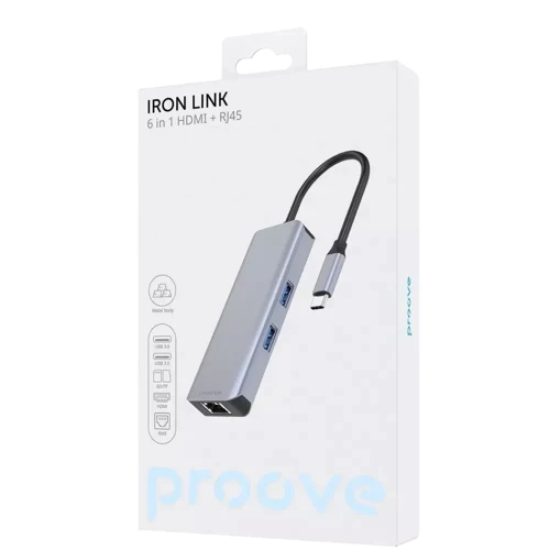 Адаптер Proove Adapter Iron Link USB-C to 2xUSB3.0+SD+TF+RJ45+HDMI Silver (HBI700010004) фото 6