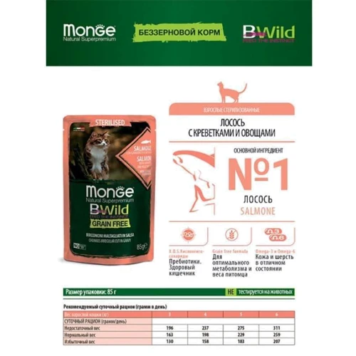 Влажный корм беззерновой Monge BWild Grain Free Wet Salmon with Shrimp Sterilized Adult Cat лосось с креветками и овощами 85 г (70012782): Порода Все породы