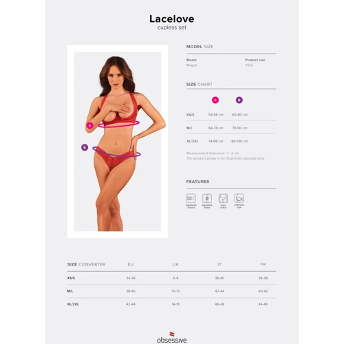 Комплект белья Obsessive Lacelove cupless 2-pcs set XL/2XL Red