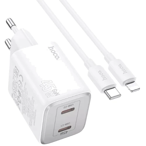 Зарядное устройство Hoco Wall Charger N42 Elogiado 2xUSB-C 45W White with USB-C Cable: Особенности USB-C, Быстрая зарядка, Power Delivery (PD)