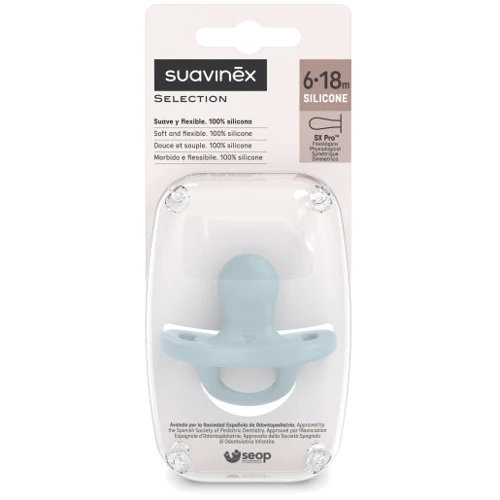Пустышка силиконовая физиологическая Suavinex "Colour Essence" 6-18 месяцев голубая (308091): Вид пустышки классическая