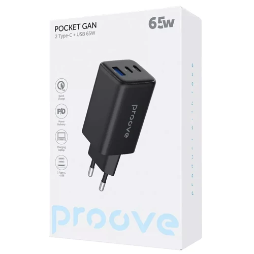Зарядное устройство Proove Wall Charger 2xUSB-C+USB Pocket GaN 65W Black (WCPG65121201): Кабель в комплекте отсутствует