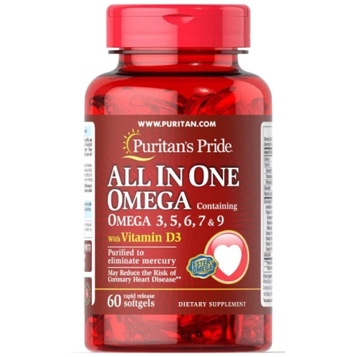 Puritan's Pride All In One Omega 3, 5, 6, 7 & 9 with Vitamin D3 60 Softgels Все в одному Омега 3, 5, 6, 7 і 9 з вітаміном D3