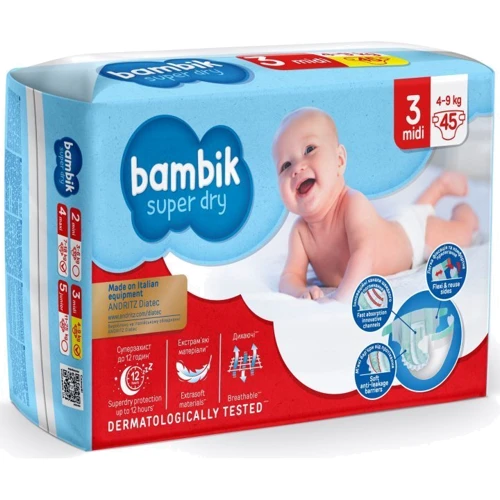 Подгузники детские одноразовые Bambik Jumbo (3) MIDI (4-9 кг), 45 шт: Вес 4-9 кг