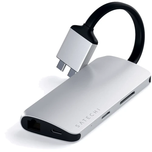 Адаптер Satechi Adapter Dual USB-C to 2xUSB3.0+2xHDMI+USB-C+RJ45+SD Silver (ST-TCDMMAS): Колір сріблястий