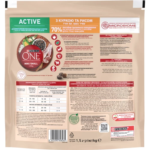 Сухой корм Purina ONE mini Active для собак малых пород c курицей и рисом 1.5 кг (7613034146502): Возраст Взрослые