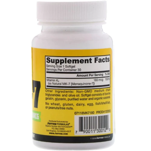 Jarrow Formulas Vitamin K2 (MK-7) 180 mcg активна форма вітаміну K2 (MK-7) 30 капсул: Форма випуску капсули