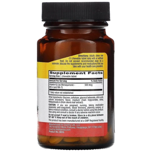 Country Life Certified Vegan K2 500 mcg Витамин K-2 60 капсул: Тип Витамин K